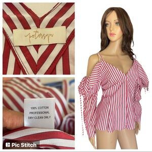 Petersyn Alice Striped Poplin Cold Should Blouse Size M Red and White
